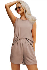 Smoke Gray Corded Sleeveless Top and Pocketed Shorts Set - Haven of Happiness