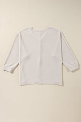 White Waffle Knit Side Slits Loose Fit V Neck Top - Haven of Happiness