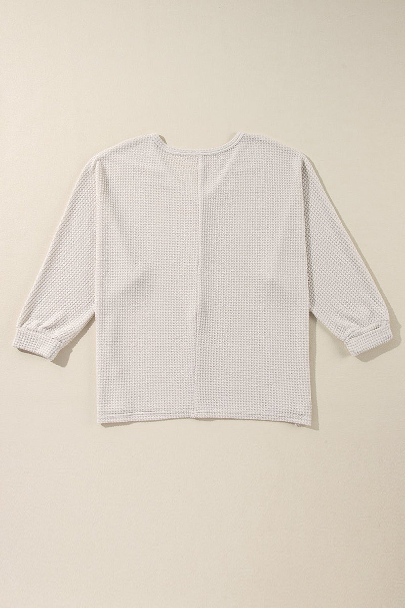 White Waffle Knit Side Slits Loose Fit V Neck Top - Haven of Happiness