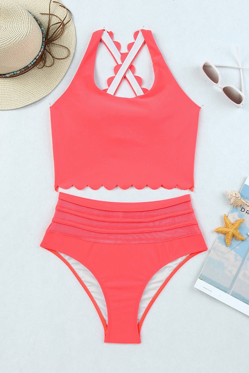 Pink Scalloped Criss Cross High Waist Bikini - Haven of Happiness