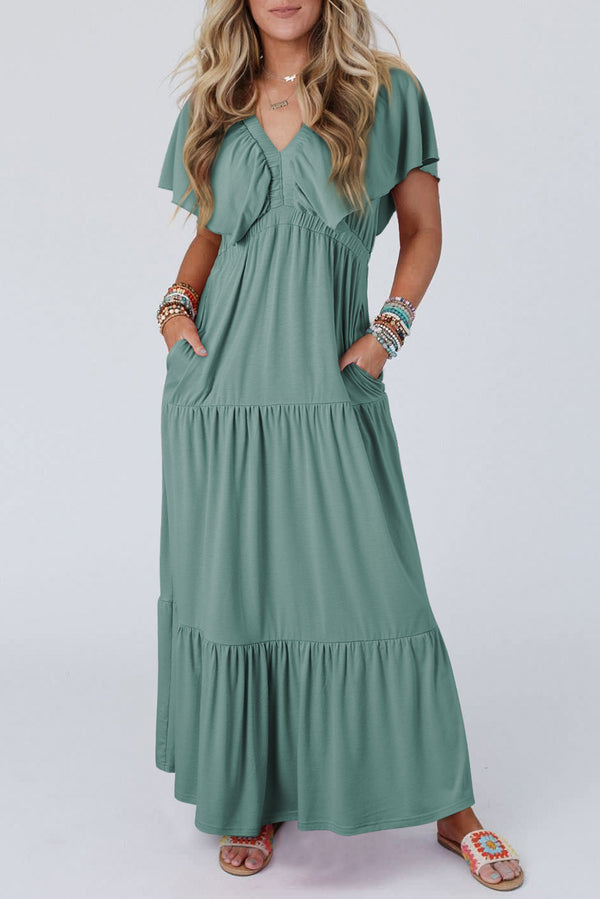 Green Textured V Neck Flutter Sleeve Ruffled Maxi Dress