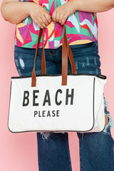 White BEACH PLEASE Print Large Canvas Tote Bag - Haven of Happiness