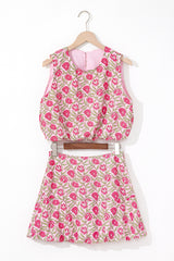 Pink Floral Print Puffy Cropped Tank and Mini Skirt Set