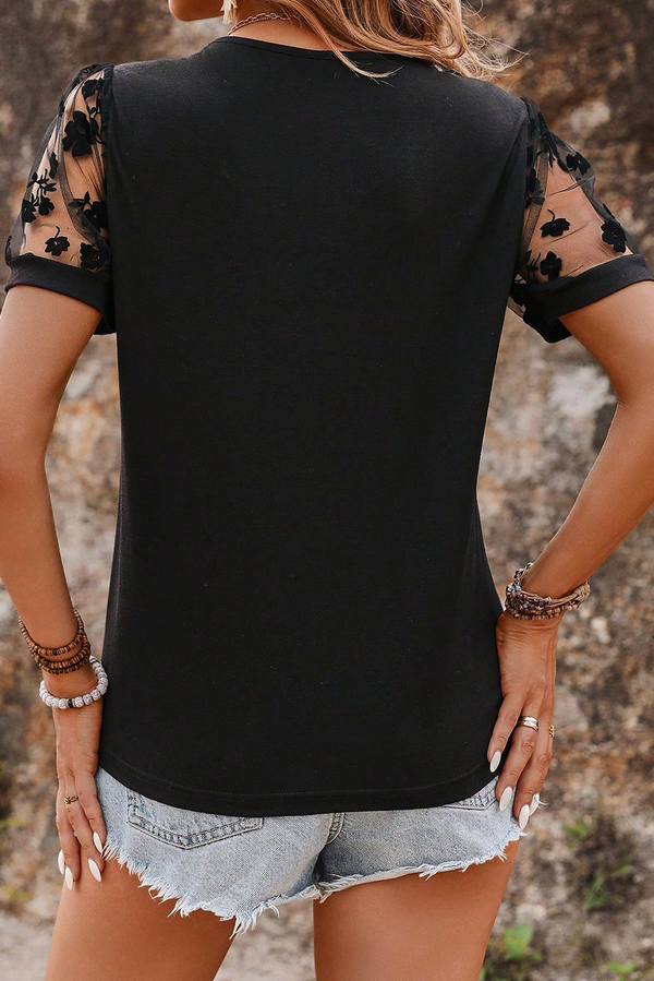 Black Flora Lace Patchwork Crew Neck T Shirt