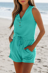 Mint Green Ribbed Button V Neck Tank Top and Shorts Set - Haven of Happiness