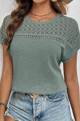 Mist Green Lace Patchwork Waffle Short Sleeve Top - Haven of Happiness