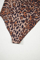 Brown Spaghetti Straps Ruched Leopard Bodysuit