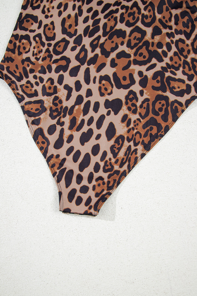 Brown Spaghetti Straps Ruched Leopard Bodysuit