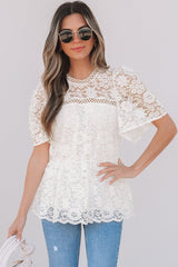 White Short Sleeve Scalloped Floral Lace Peplum Blouse - Haven of Happiness