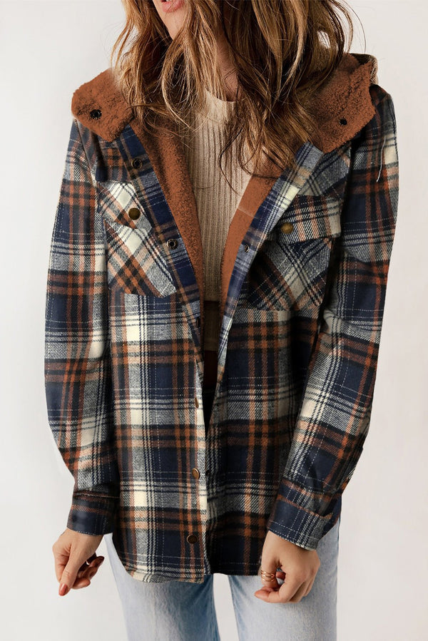 Plaid Pattern Sherpa Lined Hooded Shacket - Haven of Happiness