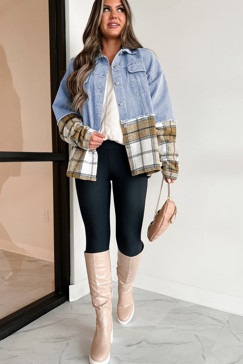 Khaki Plaid Patchwork Buttoned Oversized Denim Jacket - Haven of Happiness