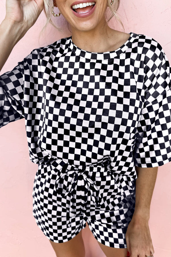 Black Checkered Top and Short Casual 2pcs Set - Haven of Happiness