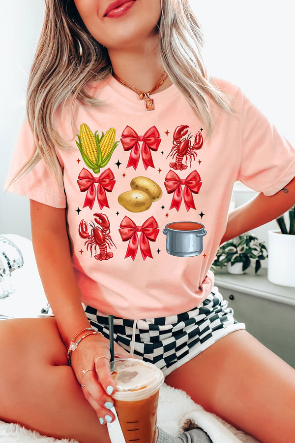 Pink Summer Food Bow Crawfish Printed T Shirt