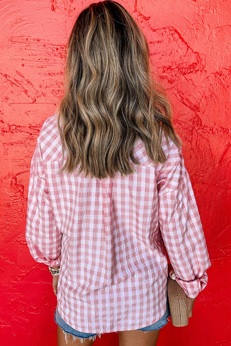 Pink Gingham Print Chest Pockets Buttoned Collared Shirt - Haven of Happiness