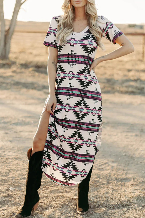 Beige Western Aztec Printed Long T-shirt Dress - Haven of Happiness