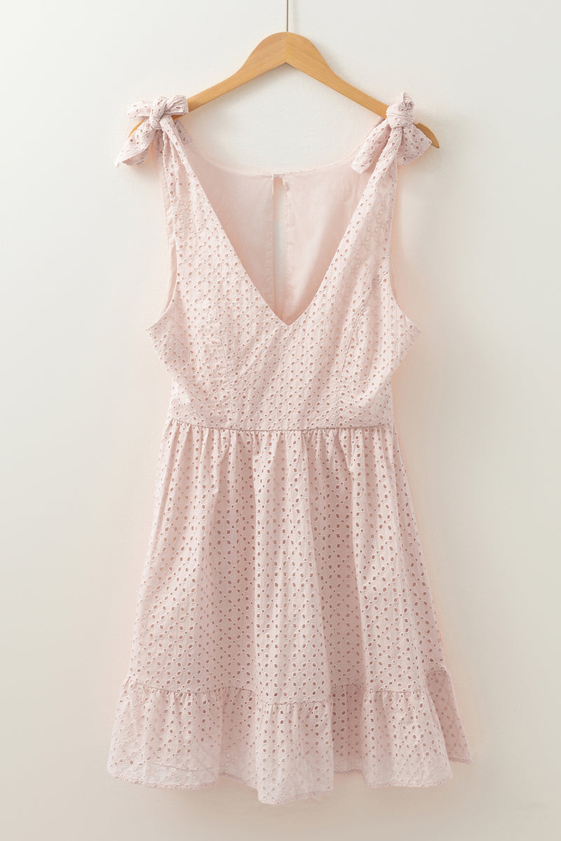 Delicacy Embroidered Eyelets Ruffled Hem Sleeveless Mini Dress