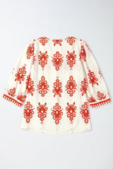 Orange Vintage Geometric Printed 3/4 Sleeve V Neck Blouse - Haven of Happiness