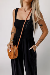 Black Smocked Sleeveless Wide Leg Jumpsuit with Pockets - Haven of Happiness