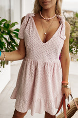 Delicacy Embroidered Eyelets Ruffled Hem Sleeveless Mini Dress