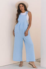 Beau Blue Checkered Pocketed High Waist Wide Leg Overall - Haven of Happiness