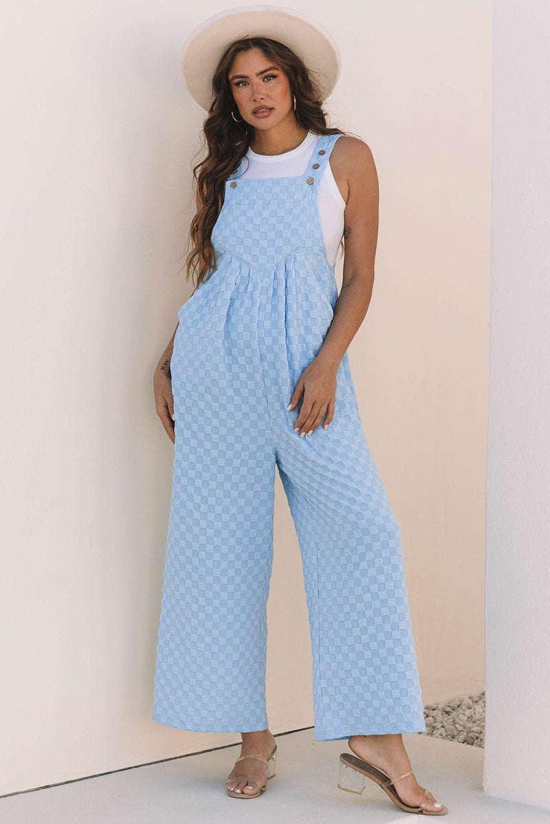 Beau Blue Checkered Pocketed High Waist Wide Leg Overall - Haven of Happiness