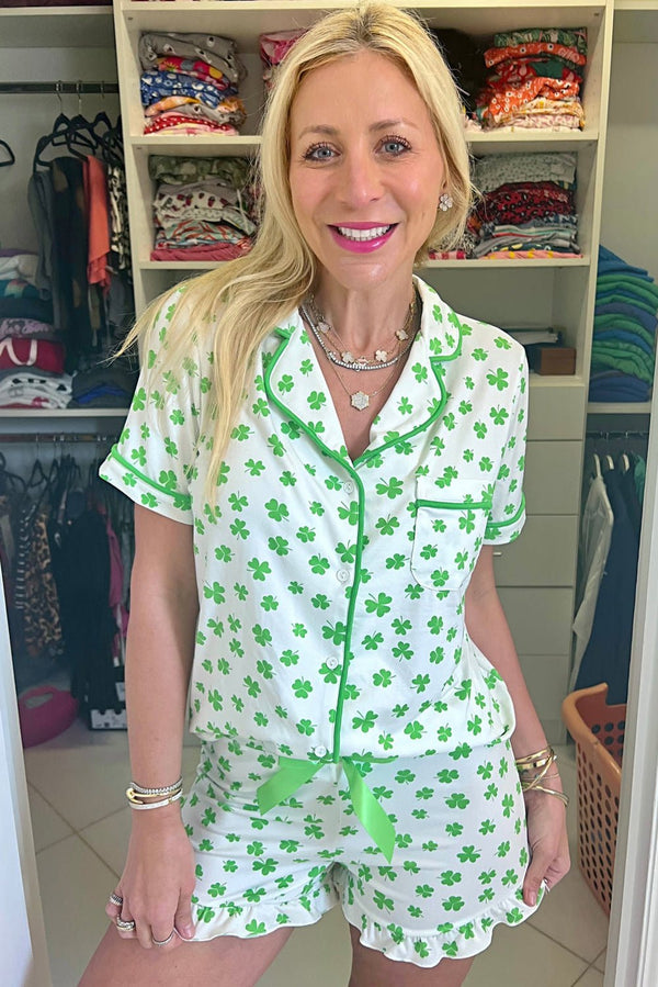 Green Clover Printed Short Sleeve and Ruffled Shorts Pajama Set - Haven of Happiness