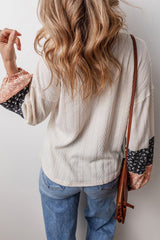 Beige Floral Patchwork Textured Knit Drawstring V Neck Blouse - Haven of Happiness