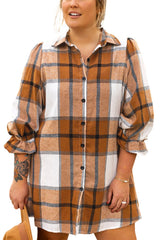 Khaki Plus Size Plaid Flounce Sleeve Button up Shirt Dress - Haven of Happiness