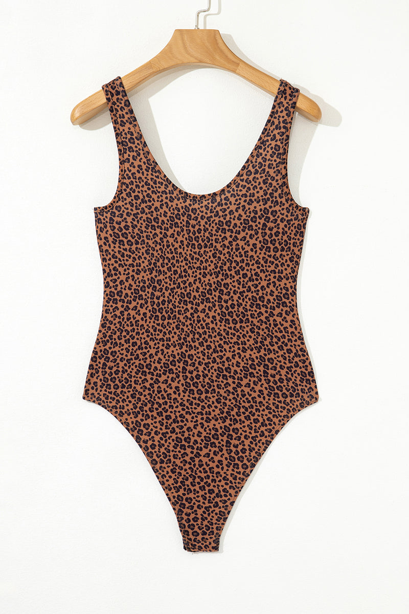 Brown Leopard Printed Sleeveless Scoop Neck Bodysuit