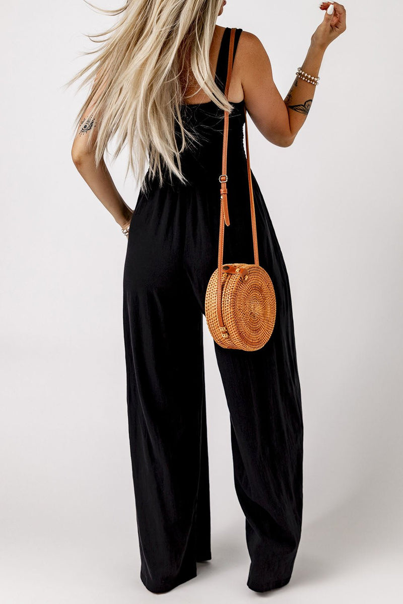 Black Smocked Sleeveless Wide Leg Jumpsuit with Pockets - Haven of Happiness