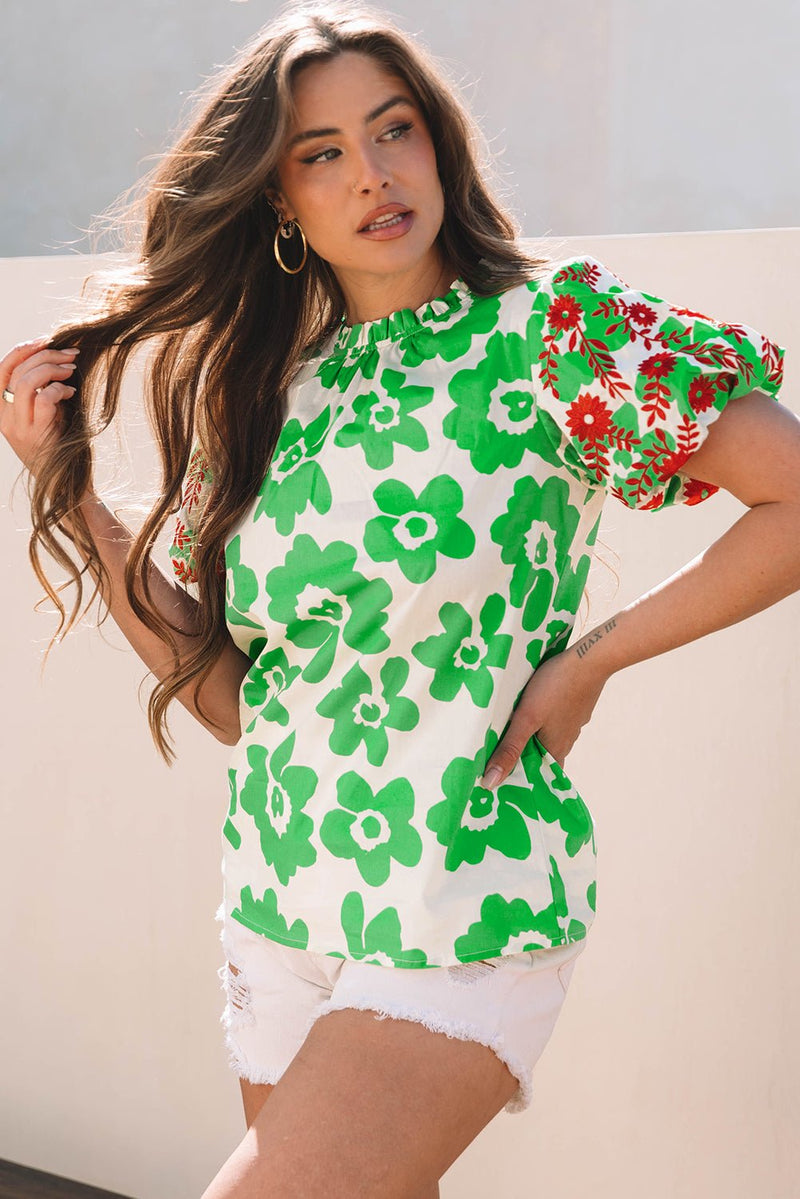 Green Contrast Embroidered Puff Short Sleeve Floral Blouse - Haven of Happiness