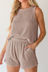 Smoke Gray Corded Sleeveless Top and Pocketed Shorts Set - Haven of Happiness