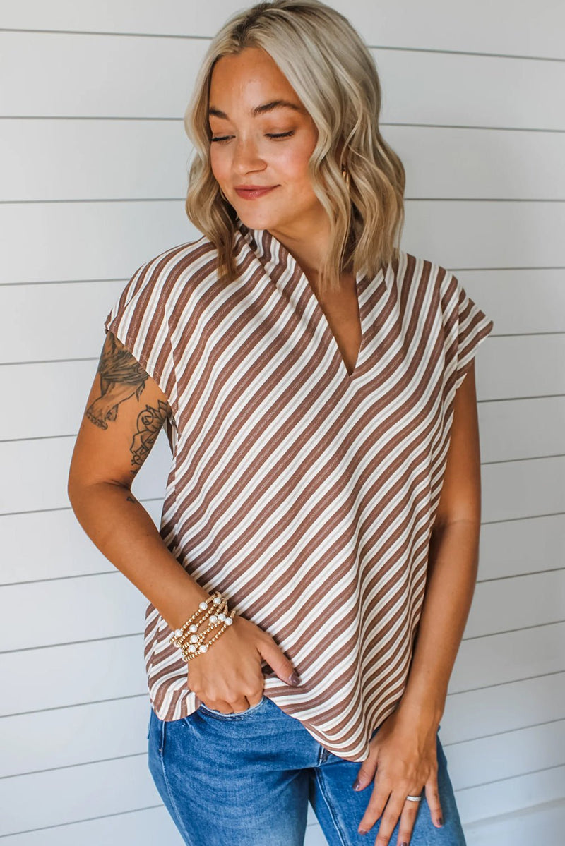 Chestnut Striped Stand V Neck Short Sleeve Blouse - Haven of Happiness