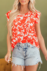 Orange Floral Ruffle Sleeve Print Top