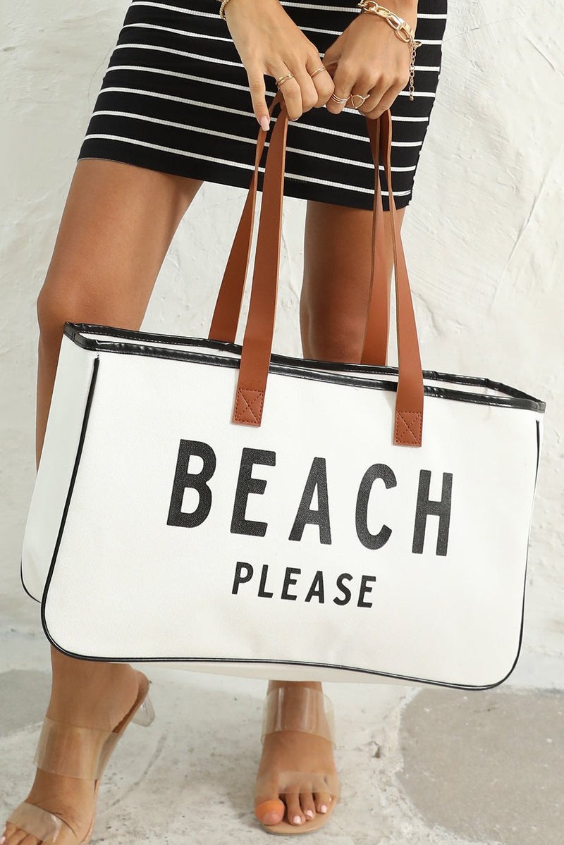 White BEACH PLEASE Print Large Canvas Tote Bag - Haven of Happiness