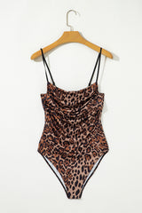 Brown Spaghetti Straps Ruched Leopard Bodysuit