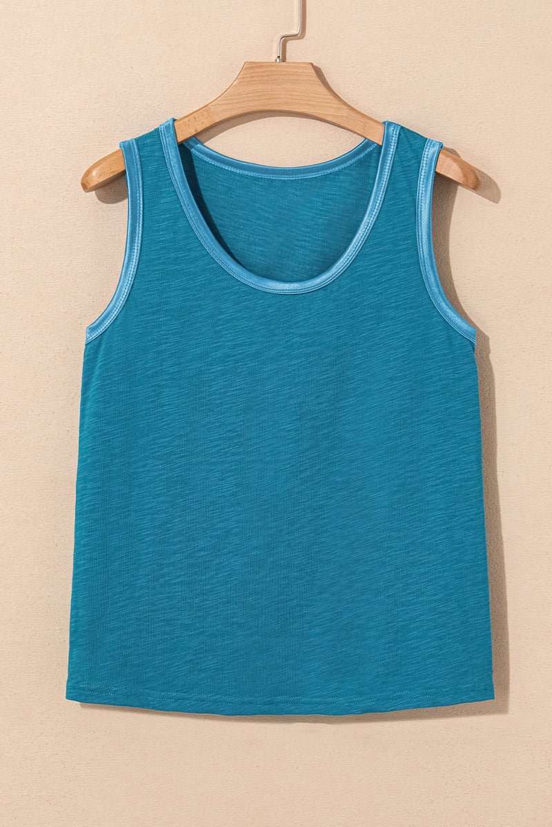 Peacock Blue Metallic Sheen Edge Scoop Neck Tank Top