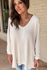 White Waffle Knit Side Slits Loose Fit V Neck Top - Haven of Happiness