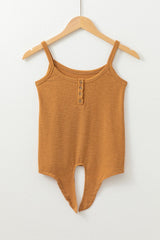 Straw Yellow Ribbed Front Knot Buttoned Thin Strap Tank Top - Haven of Happiness