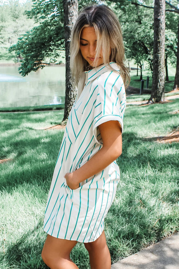 Mint Green St Patricks Striped Wide Short Sleeve Shift Mini Shirt Dress - Haven of Happiness