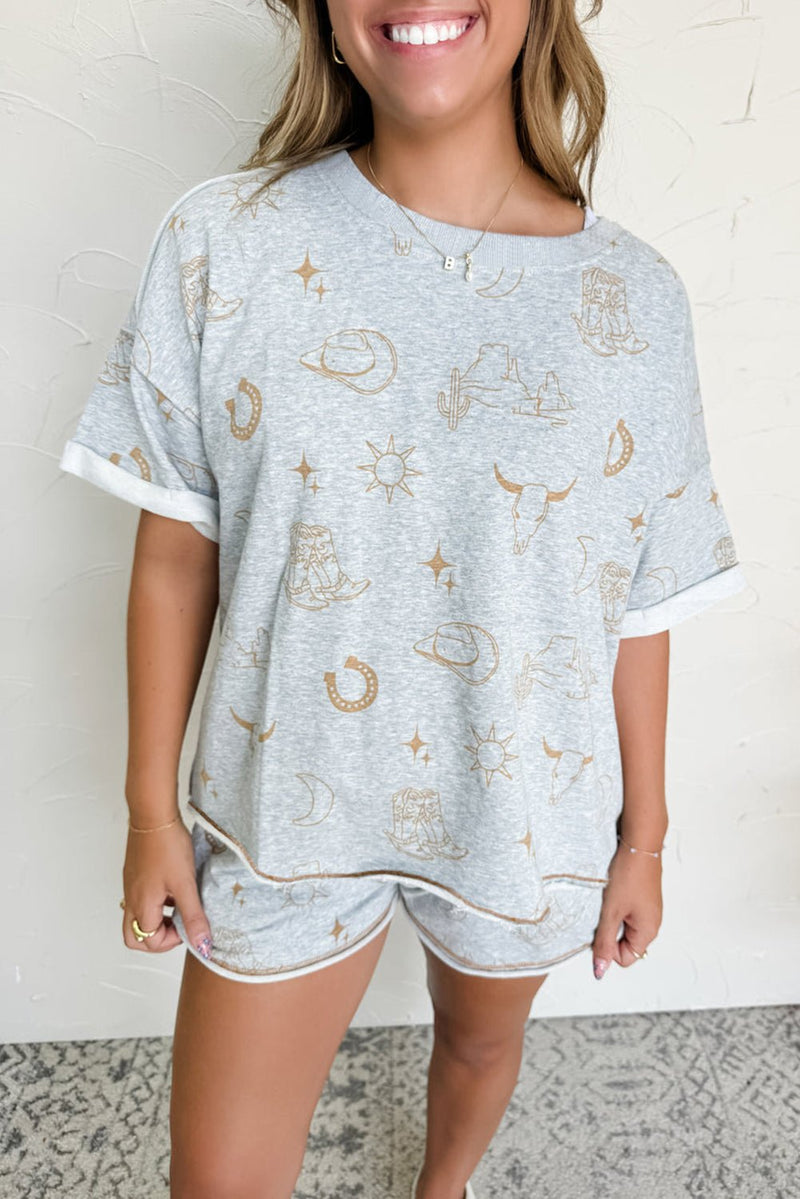 Gray Western Fashion Printed T Shirt Elastic Waist Shorts Set - Haven of Happiness