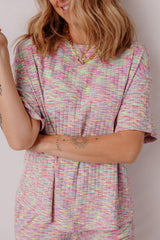 Multicolour Printed Ribbed Knit T Shirt and Shorts Lounge Set