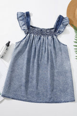 Ashleigh Blue Ruffled Shirred Neckline Sleeveless Denim Tank Top - Haven of Happiness