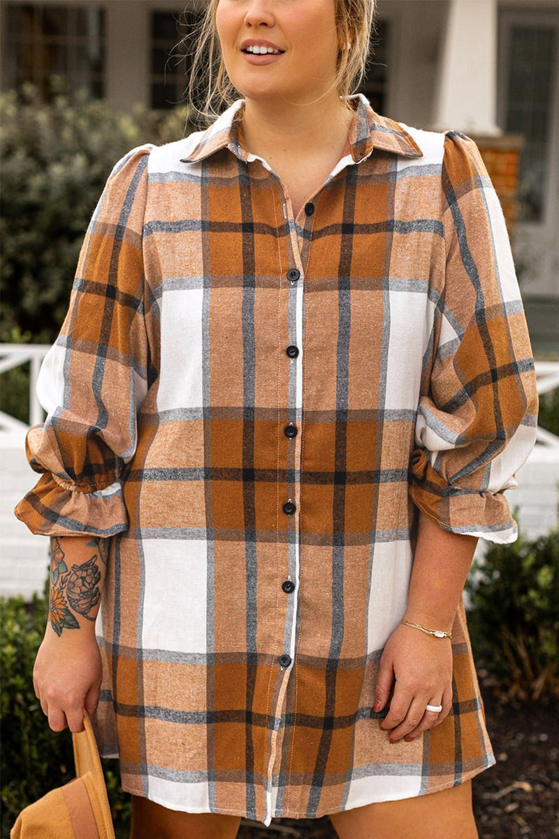 Khaki Plus Size Plaid Flounce Sleeve Button up Shirt Dress - Haven of Happiness