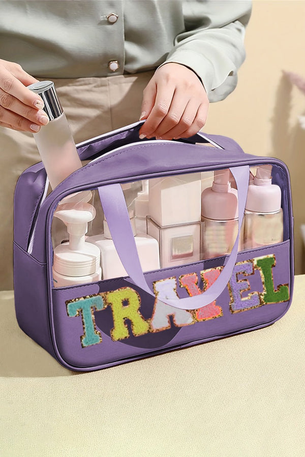 Purple TRAVEL Chenille Letter Clear PVC Makeup Bag - Haven of Happiness