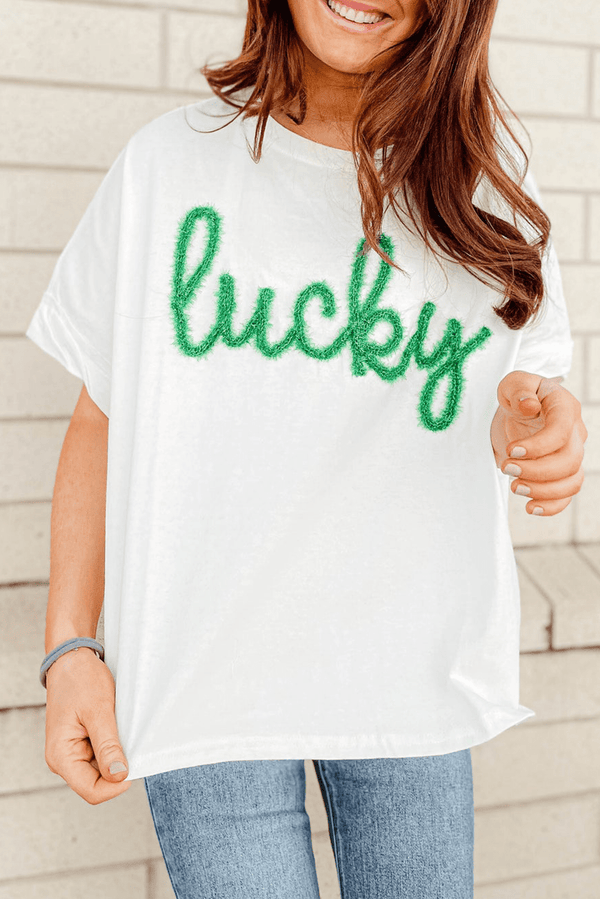 White Lucky Tinsel Graphic St Patrick Fashion Tee - Haven of Happiness