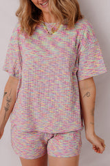 Multicolour Printed Ribbed Knit T Shirt and Shorts Lounge Set