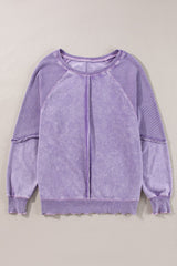 Orchid Petal Solid Waffle Knit Patchwork Raglan Sleeve Sweatshirt - Haven of Happiness