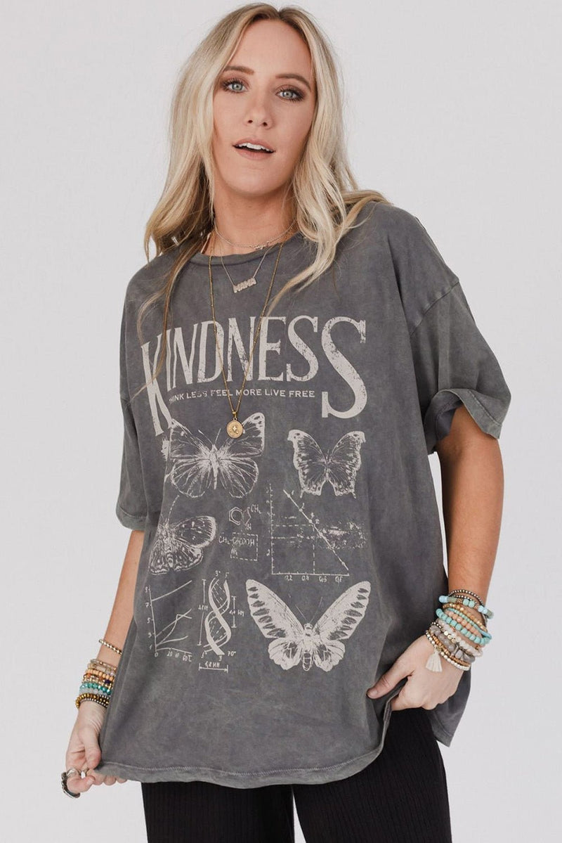 Dark Grey Kindness Butterflies Graphic Mineral Wash Loose Tee - Haven of Happiness