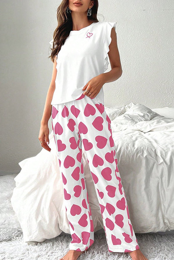 Pink Ruffled Tank Top And Heart Print Pants Lounge Set - Haven of Happiness